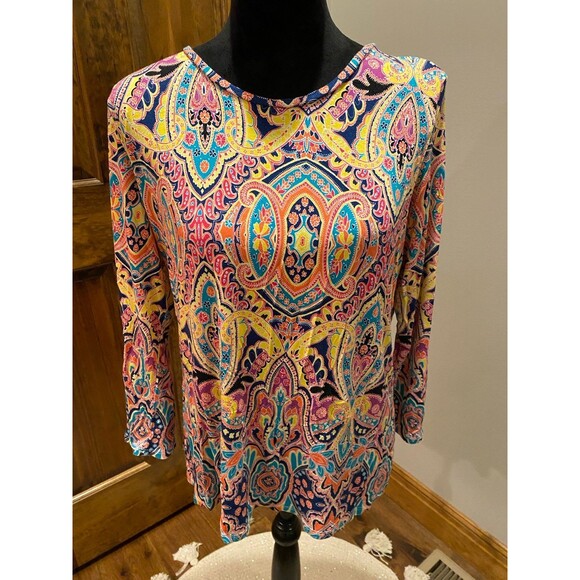 Investment Essential Womens Plus Size XL Pink Paisley 3/4 Sleeve Stretchy Top - Picture 2 of 10